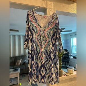 Vibrant Lilly Pulitzer Ikat V-Neck Tunic Dress in Blue & Teal